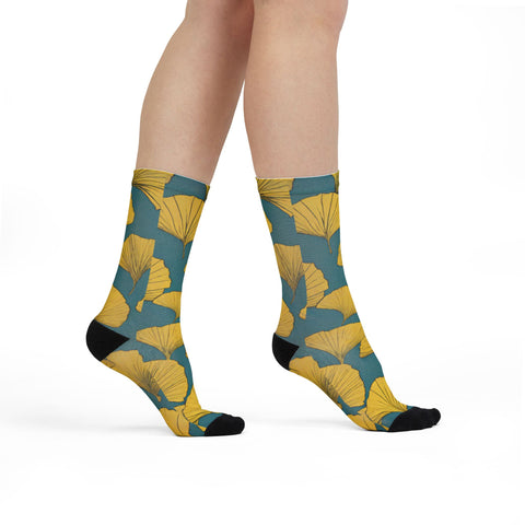 Ginkgo Leaf Pattern Crew Socks - Trendy Sublimation Footwear for Nature Lovers