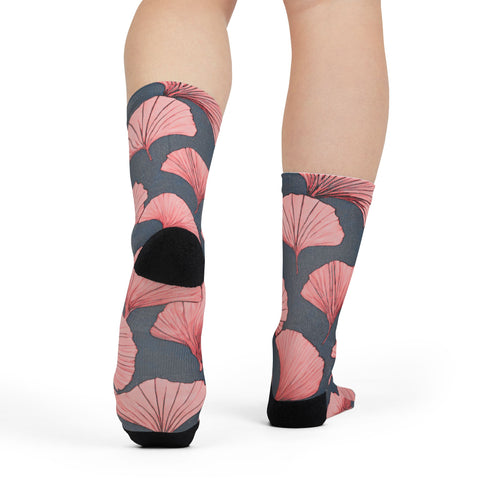 Floral Sublimation Crew Socks - Stylish Ginkgo Leaf Pattern for Comfort and Fashion